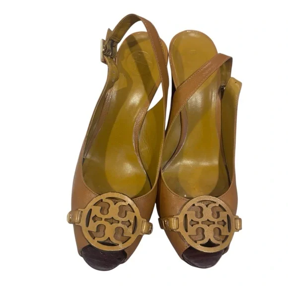 Tory Burch Tan Gold Peep-Toe Slingback Heels Size 7.5 - Picture 6 of 11
